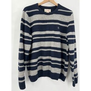 Original Penguin Wool Blend Striped Sweater Navy Grey XL Mens Womens Fisherman